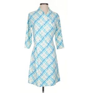 J. McLaughlin Sage Sheath Dress Ruched Blue Lattice Rare Colorway $228 Sz XL